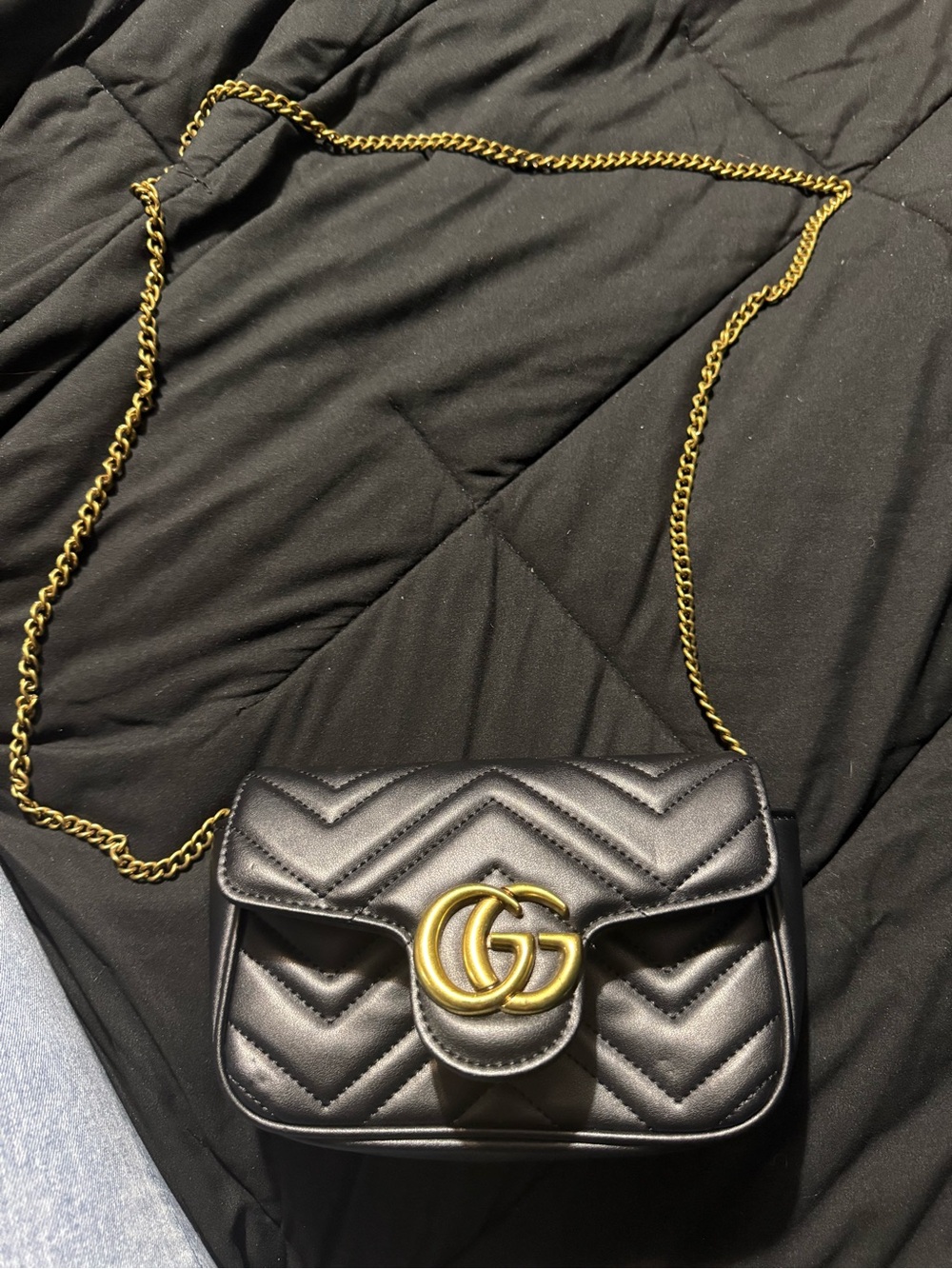 Gucci Black Quilted GG Marmont Crossbody with Gold Chain